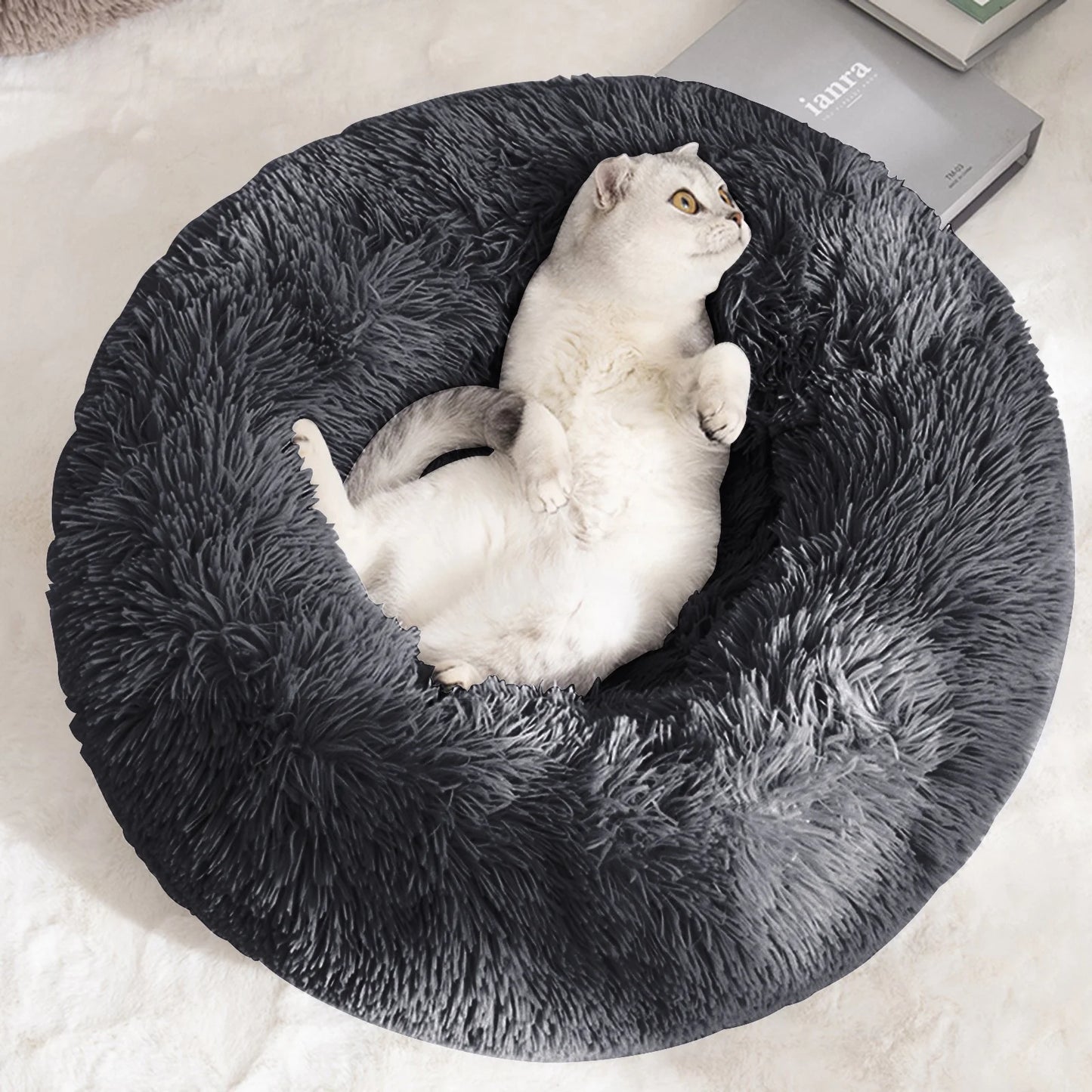 Calming Donut Dog Bed Anti-Anxiety, Self Warming, Cozy Soft Plush round Pet Bed, Ideal for Both Home & Travel, 30"L X 30"W X 8"H