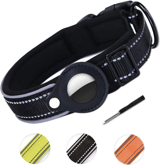 Airtag Dog Collar,Reflective Dog Collars with Air Tag Holder,Compatible for Apple Airtags Case, Soft Neoprene Padded Breathable Adjustable Nylon Heavy Duty Puppy Collars for Small Dogs (Black, S)