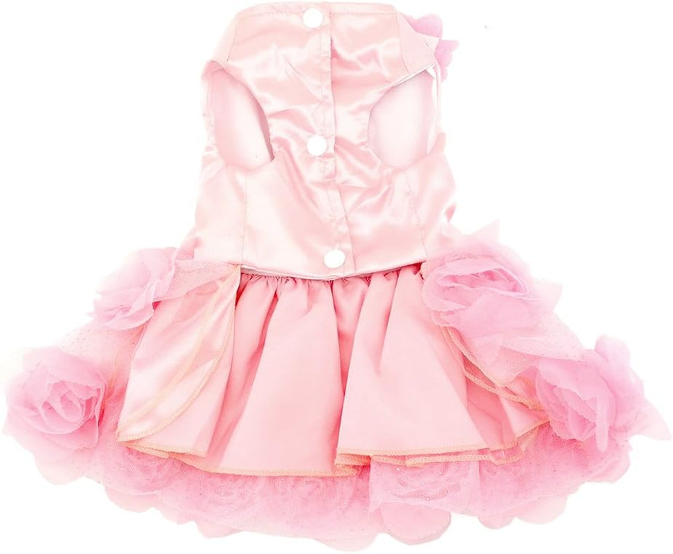 Pet Small Dog Wedding Dress with Bowknot Birthday Party Costume Satin Rose Pearls Girl Formal Dress Cat Tutu Pink, Small