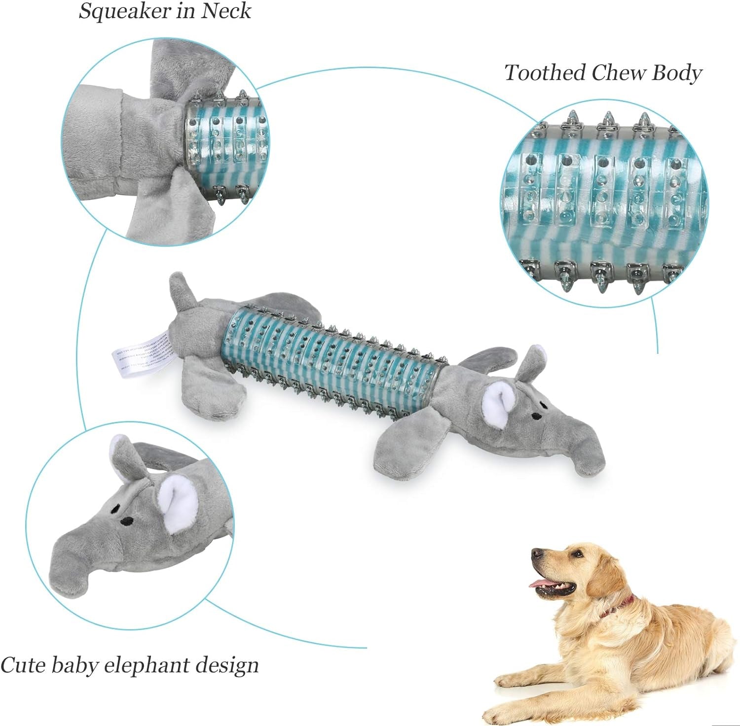Squeaky Dog Chew Toys,  Plush Squeaky Dog Toys for Small Middle Dogs, Puppy Chew Toys Interactive Stuffed Dog Chew Toys(Grey Elephant)