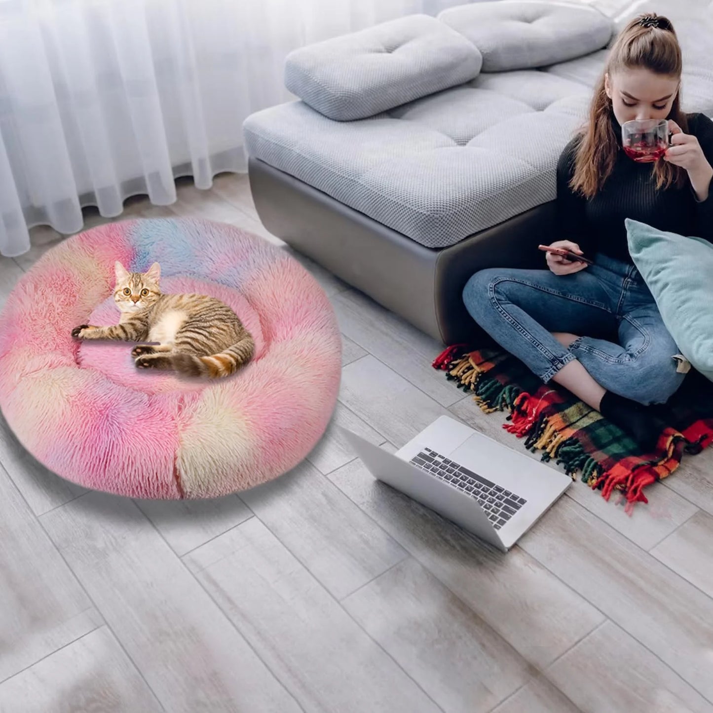 Calming Donut Dog Bed Anti-Anxiety, Self Warming, Cozy Soft Plush round Pet Bed Indoor, Ideal for Both Home & Travel, 27"L X 27"W X 8"H